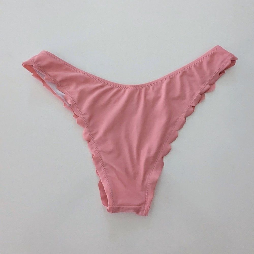 Women's Zaful Bikini Bottoms Only Scalloped Pink Rose Medium High Waisted Cheeky